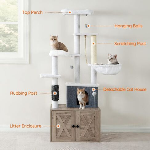HOOBRO Cat Tree with Litter Box Enclosure, 65" Tall Cat Tower with Scratching Post, All-in-One Cat Condo for Indoor Cats, Hidden Cat Litter Enclosure Furniture, Detachable Cat House, Greige BG60MZ03 in Saudi Arabia