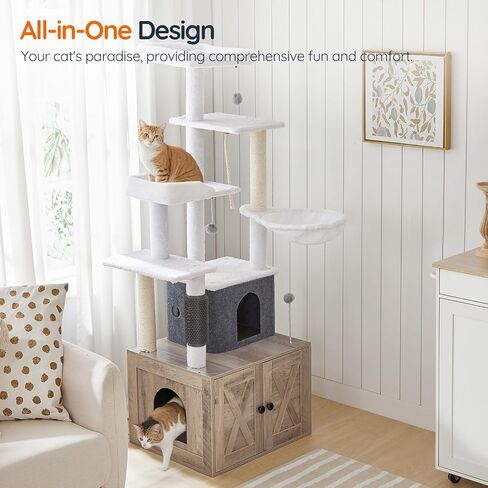 HOOBRO Cat Tree with Litter Box Enclosure, 65" Tall Cat Tower with Scratching Post, All-in-One Cat Condo for Indoor Cats, Hidden Cat Litter Enclosure Furniture, Detachable Cat House, Greige BG60MZ03 in Saudi Arabia