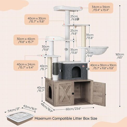 HOOBRO Cat Tree with Litter Box Enclosure, 65" Tall Cat Tower with Scratching Post, All-in-One Cat Condo for Indoor Cats, Hidden Cat Litter Enclosure Furniture, Detachable Cat House, Greige BG60MZ03 in Saudi Arabia