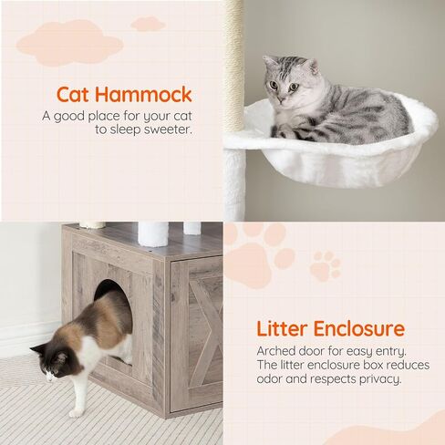 HOOBRO Cat Tree with Litter Box Enclosure, 65" Tall Cat Tower with Scratching Post, All-in-One Cat Condo for Indoor Cats, Hidden Cat Litter Enclosure Furniture, Detachable Cat House, Greige BG60MZ03 in Saudi Arabia