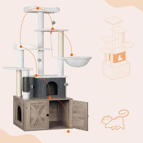 HOOBRO Cat Tree with Litter Box Enclosure, 65" Tall Cat Tower with Scratching Post, All-in-One Cat Condo for Indoor Cats, Hidden Cat Litter Enclosure Furniture, Detachable Cat House, Greige BG60MZ03 in Saudi Arabia