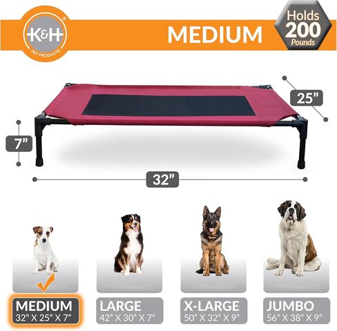 K&H Pet Products سرير كلب مرتفع مبرد سرير كلب مرتفع في الهواء الطلق مع شبكة قابلة للغسل قابلة للتنفس، سرير سرير للكلاب، أقدام مطاطية مضادة للانزلاق، سرير كلب محمول داخلي وخارجي، شبكة متوسطة حمراء/سوداء in Kuwait