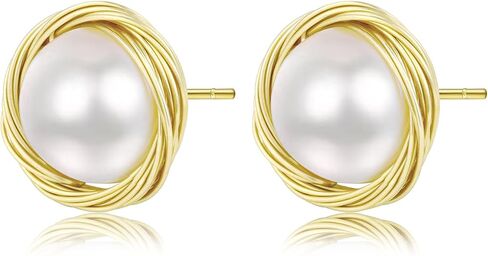 Natural Baroque Freshwater Pearl Earrings for Women, White Round Pearls, Wire Wrap Gold Stud Earrings Jewelry, Handmade Jewelry Gift for Mom Lover Her (14K Gold Plated) in Saudi Arabia