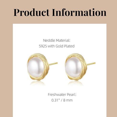 Natural Baroque Freshwater Pearl Earrings for Women, White Round Pearls, Wire Wrap Gold Stud Earrings Jewelry, Handmade Jewelry Gift for Mom Lover Her (14K Gold Plated) in Saudi Arabia