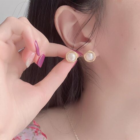 Natural Baroque Freshwater Pearl Earrings for Women, White Round Pearls, Wire Wrap Gold Stud Earrings Jewelry, Handmade Jewelry Gift for Mom Lover Her (14K Gold Plated) in Saudi Arabia