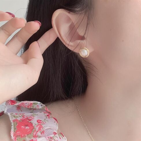 Natural Baroque Freshwater Pearl Earrings for Women, White Round Pearls, Wire Wrap Gold Stud Earrings Jewelry, Handmade Jewelry Gift for Mom Lover Her (14K Gold Plated) in Saudi Arabia