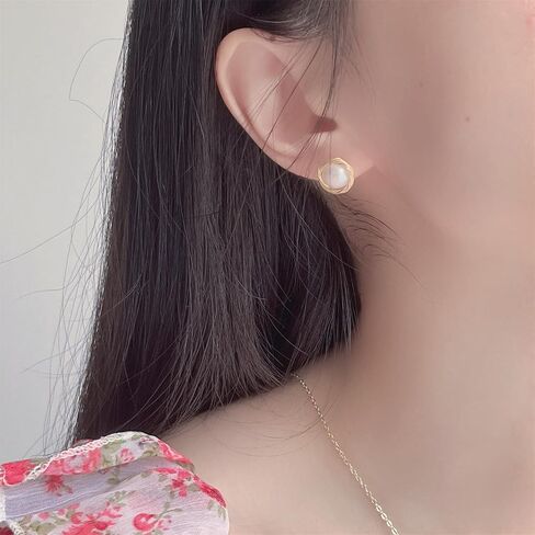 Natural Baroque Freshwater Pearl Earrings for Women, White Round Pearls, Wire Wrap Gold Stud Earrings Jewelry, Handmade Jewelry Gift for Mom Lover Her (14K Gold Plated) in Saudi Arabia