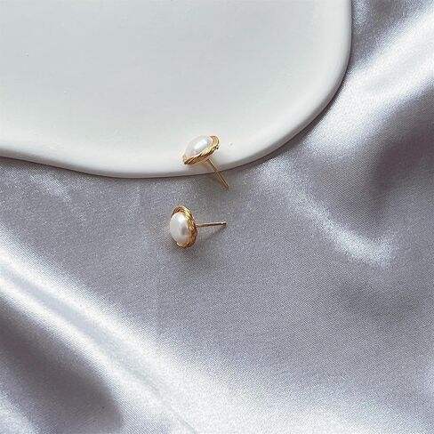 Natural Baroque Freshwater Pearl Earrings for Women, White Round Pearls, Wire Wrap Gold Stud Earrings Jewelry, Handmade Jewelry Gift for Mom Lover Her (14K Gold Plated) in Saudi Arabia