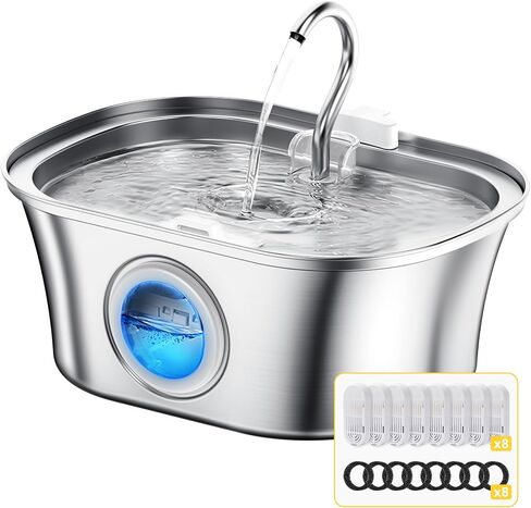Cat Water Fountain Stainless Steel, 108oz/3.2L Cat Automatic Bowl Dispenser & Watering Supplies Animal Metal Cat Water Fountain,Multi-Filtration System with 8 Replacement Filter and 8 Foam Pre-Filter in Saudi Arabia