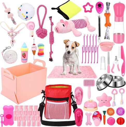 65 Pcs Puppy Supplies Starter Kit Small Dog Essentials Includes Dog Leash, Toys, Bowl, Brushes, Water Bottles, pet Blankets Puppy Accessories for New Welcome Gift Supplies(Cool,Blue) in Saudi Arabia