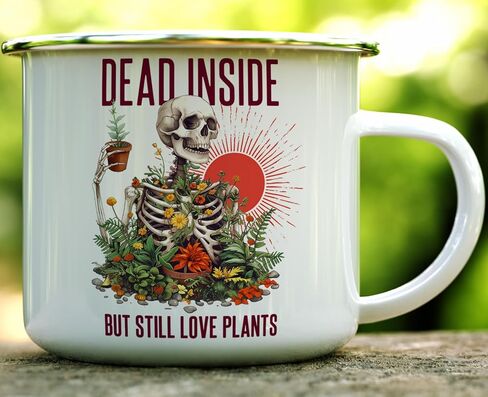Skeleton Plant Lover Campfire Coffee Mug, Funny Spooky Houseplant Nature Camping Cup, Gardener Gift, Dead Inside But Still Love Plants (12oz) in Kuwait