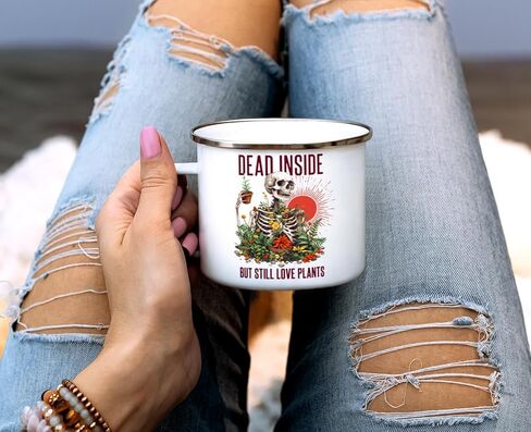 Skeleton Plant Lover Campfire Coffee Mug, Funny Spooky Houseplant Nature Camping Cup, Gardener Gift, Dead Inside But Still Love Plants (12oz) in Kuwait