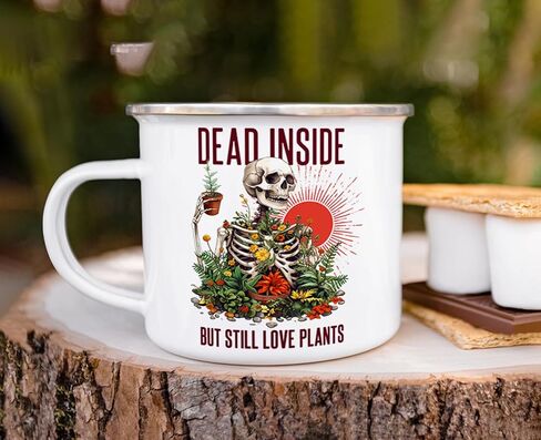 Skeleton Plant Lover Campfire Coffee Mug, Funny Spooky Houseplant Nature Camping Cup, Gardener Gift, Dead Inside But Still Love Plants (12oz) in Kuwait
