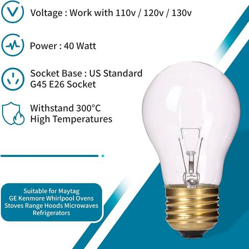4 Pack Oven Light Bulb 40 Watt 120V A15 Replacement Light Bulb E26 Standard Base High Temperature 300 Degree Resistant Appliance Bulb for Oven Stove Refrigerator Microwave, Clear in Saudi Arabia