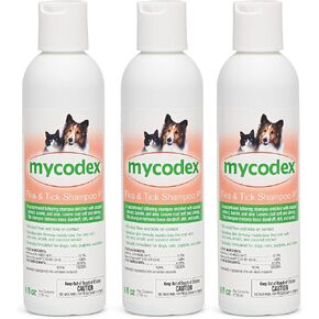 شامبو PRN Pharmacal Mycodex Flea & Tick P3 - شامبو البشرة الحساسة للكلاب والقطط - مستخلص جوز الهند واللانولين والصبار - يزيل القشرة والأوساخ والقشور - يقتل البراغيث والقراد - 6 أونصة سائلة (عبوة من 3)