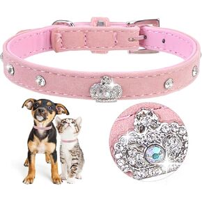 BINGPET Small Dog Collar,Cute Designer Rhinestone Dog Collars with Diamond Crown,Adjustable Pink Sparkly Puppy Collar with Buckle, Soft PU Leather Velvet Girl Dog Collar for Puppy Kitten Cat Pet