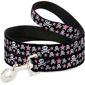 Buckle-Down Dog Leash Skulls Stars Black White Pink Available in Different Lengths and Widths for Small Medium Large Dogs and Cats