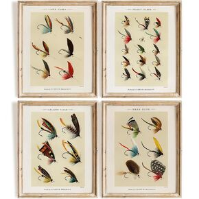 Vintage Fly Fishing Art Prints (Set of 4) - Unframed - 8x10 | Great Gift for Fisherman - Reproductions of Vintage Fishing Lure Drawings - Rustic Decor