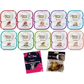 Fancy Feast Petites Wet cat Food Variety Pack, 10 Packs, All Flavors Petites Pate and Gravy (Chicken, Salmon, Beef,Whitefish,Turkey) Plus a Kit Pet Toys and a Pet Nutrition Booklet.