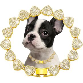 Purple Dog Chain Collar Heart Necklace Diamond Cuban Link Dog Collar Cat Necklaces Metal Cat Chains Pet Crystal Collars Jewelry Accessories for Dogs Cats(10inch)