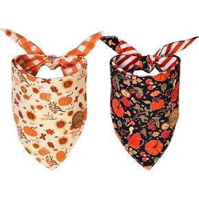 CROWNED BEAUTY Fall Dog Bandanas Reversible Large 2 Pack, Pawsome Harvest Set, Plaid Adjustable Triangle Holiday Scarves for Medium Large Extra Large Dogs Boy Girl Pets DB127-L
