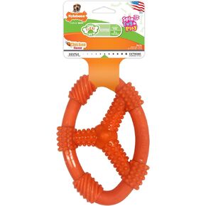حلقة الكلب البيضاوية المرنة للمضغ من Nylabone - لعبة حلقة الكلب المزخرفة للمضغ المعتدل واللطيف - نكهة الدجاج، الذئب/المتوسط ​​(عدد واحد)