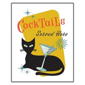 Mid Century Modern No.21 Wall Art Print - 11x14 UNFRAMED Retro Boho Aesthetic Kitchen, Bar Decor. Atomic Cat with Martini “Cocktails Served Here"