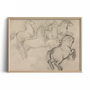 Vintage Farmhouse Horse Wall Art - Horse Drawing Etching Rustic Gray Picture - Beige Equine Pony Equestrian Print Poster - Grey Neutral Animal Sketch - Minimalist Mid Century French Country Room Decor