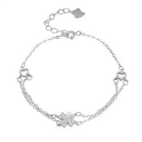 925 Sterling Silver 4-Leaf Clover Bracelet - Heart-Shaped Double-Layer Jewelry