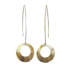 Natural Sea Shell Modern Pull through Earrings Gold, Round Disc Mother of Pearl Long Drop Dangle Earrings for Women Girl Gift (Black Circle)