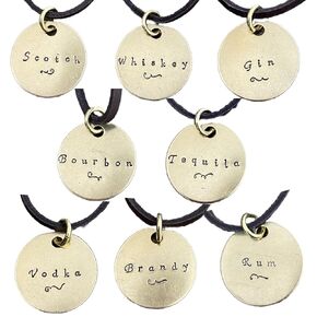 Liquor Tag Swash Set of 8 - Distinguish Your Decanters With Handmade Labels - Brass & Leather Bar Markers - Whiskey, Bourbon, Tequila, Rum, Vodka, Gin, Scotch, Brandy