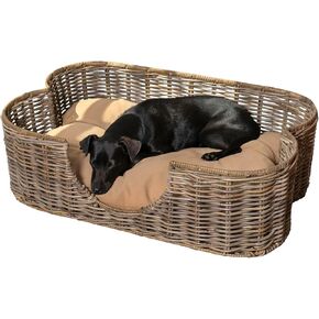 DBD1003A Scallop 31" x 20" Tropical Handwoven Rattan Dog Bed with Machine Washable Cushion, Kubu Gray