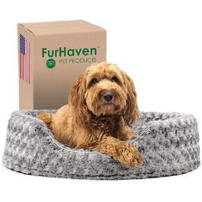 Furhaven Dog Bed for Large/Medium Dogs w/ Removable Washable Cover & Pillow Cushion Insert, For Dogs Up to 30 lbs - Ultra Plush Faux Fur Oval Lounger - Gray, Large