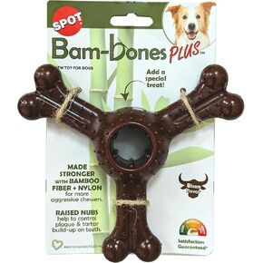 SPOT Bam-Bones Plus Triple Chew - Bamboo Fiber & Nylon, Durable Long Lasting Dog Toy for Aggressive Chewers – Great for Adult Dogs & Teething Puppies Under 90lbs, Non-Splintering, 7in, Bison Flavor