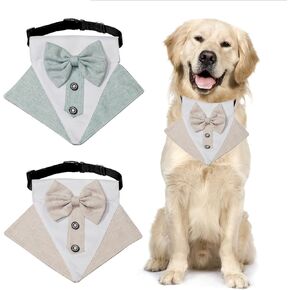 Dog Tuxedo Bandana Collar, 2 PCS Adjustable Formal Dog Tuxedo Wedding Bandana Collar Tux Dog Bowtie Collar Neckerchief for Large Dogs, Green and Khaki