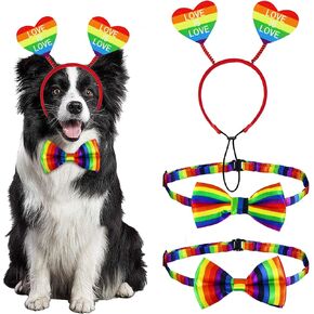 3 PCS Dog Pride Outfit, Rainbow Heart Dog Headband Pride Dog Bow Tie Collar Rainbow Dog Bandana Pride Dog Apparel Clothes for Small Medium Large Dogs (Pride Style 1)