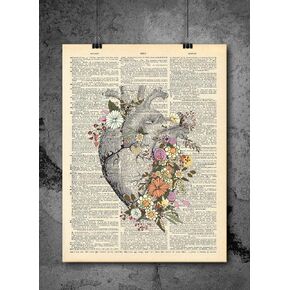 Anatomical Heart Flower Print - Vintage Art - Authentic Upcycled Dictionary Art Print - Home or Office Decor - Inspirational And Motivational Quote Art