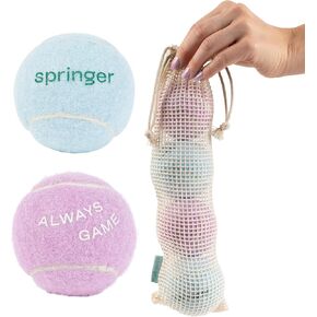 Springer Tennis Balls for Dogs – Dog Ball 4 Pack – Colorful Puppy Toys for Fetch - Durable Dog Toy with Safe Felt & Rubber Core in a Reusable Cotton Mesh Pouch