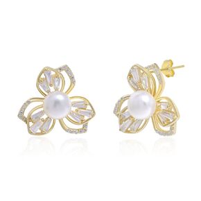Pearl Earrings for Women Fresh Water Pearls Diamond Flower Stud Earrings Rose Gold Stud Earrings Cute Flower Stud Earrings Girls Gifts (Gold)
