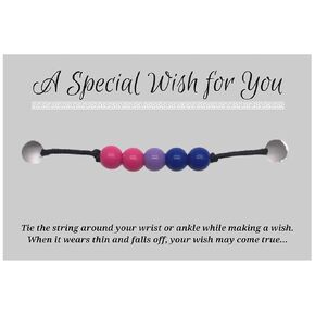 Bisexual Colors Black Hemp Wish Bracelet - 6mm Acrylic Rainbow Beads on Printed Card - Up to 12 inches - Unisex