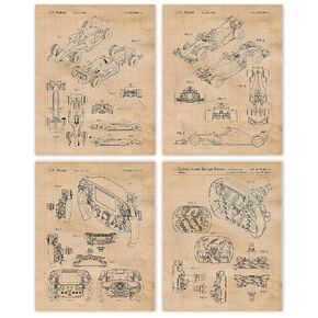 Vintage F1 Racing Cars Patent Prints, 4 (8x10) Unframed Photos, Wall Art Decor Gift for Home Enzo Ferrari Office Engine Gears Work Garage Shop School Student Teacher Coach Formula Team Indy Champs Fan