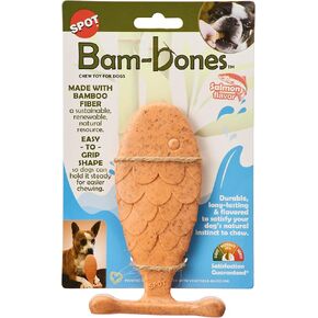 SPOT Bam-Bones Fish - مصنوعة من ألياف الخيزران القوية، عظمة كلب متينة تدوم طويلاً للمضغ الخفيف إلى المتوسط، لعبة مضغ رائعة للكلاب البالغة والجراء في مرحلة التسنين أقل من 30 رطل، 5.5 بوصة، نكهة السلمون