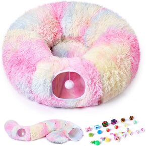Odoland Cat Tunnels for Indoor Cats with Fluffy Plush Central Cat Couch and 20 Cat Toys, Tunnel Bed for Cats with Hanging Ball, Detachable Soft Mat and Variety Kitty Toy Set, Pink