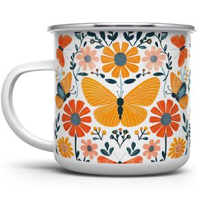 Floral Butterfly Enamel Camping Coffee Mug, Nature Flowers Botanical Gift Cup Friend Coworker Women Mom (12oz)