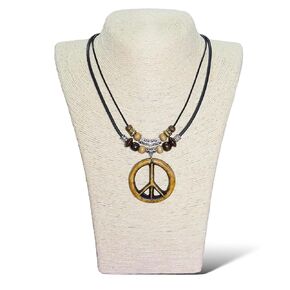 Double Layer Peace Sign Necklace - Peace Symbol Wood beads Necklace - Resin Peace Sign Pendant - Adjustable Black Cord (Brown)