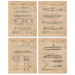Vintage Submarine Battleship Patent Prints, 4 (8x10) Unframed Photos, Wall Art Decor Gifts for Home Naval Office Gears Garage Engineer School College Student Teacher Coach Ocean Navigator Ship Crew