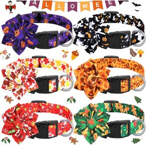 Silkfly 6 Pcs Holiday Dog Collars for Dogs Christmas Dog Collars with Flower Maple Dog Collar Turkey Pet Collar Pumpkin Adjustable Dog Collar with Plastic Buckle for Puppy Dogs(M Size)
