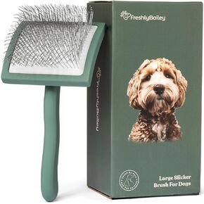 Long Pin Slicker Brush for Dogs - Best for Medium to Long Haired Dogs - Great for Grooming Doodle, Poodle, Husky, Goldendoodle, Bernedoodle, Labradoodle - Green Curved - Freshly Bailey