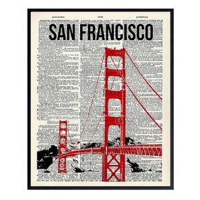 San Francisco Golden Gate Bridge Dictionary Wall Art - 8x10 Upcycled Photo, Home Decor, Room Decoration Poster Print - Cool Unique Gift for California, CA Fans - Unframed Picture