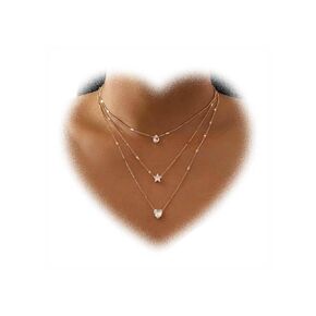 Bohemia Heart Crystal Pendant Necklace Silver Layered Necklace Personality Long Star Drop Necklace Jewelry for Women and Girls Fashion Gifts (Silver)